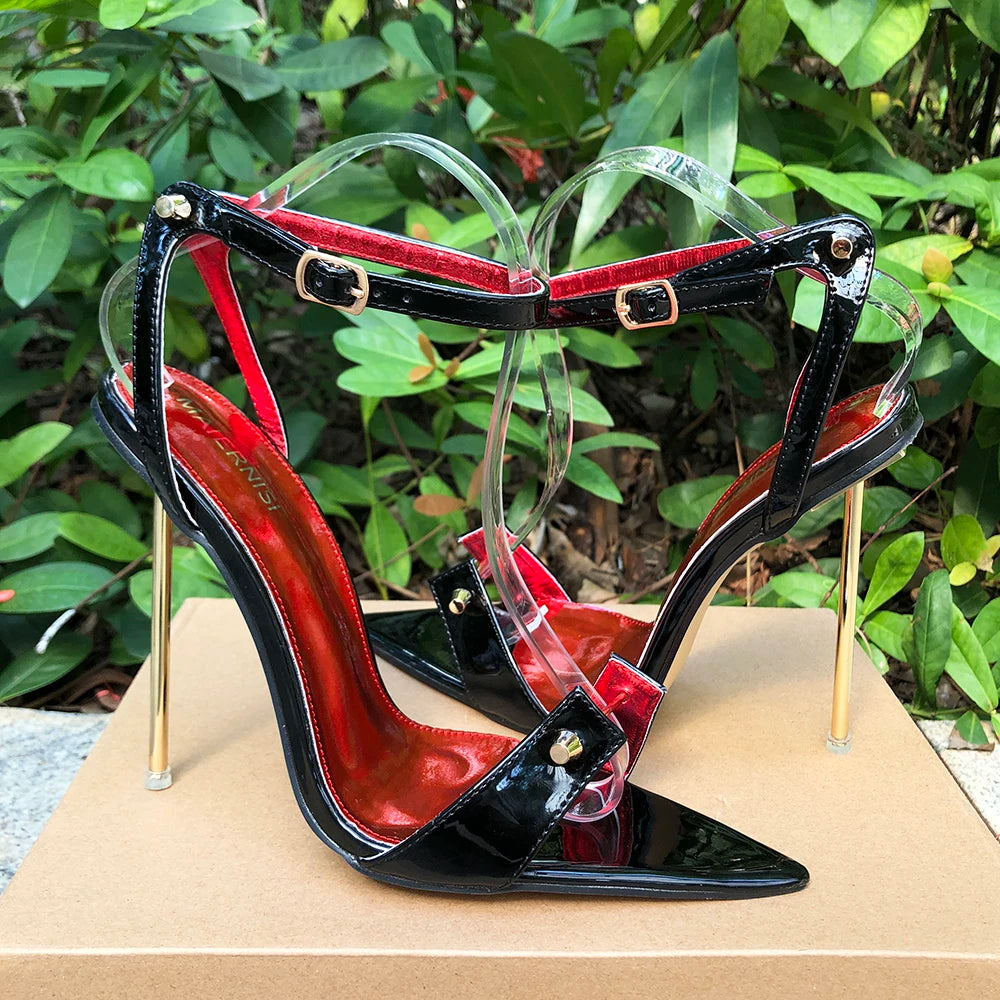 Zapatos de tacón de aguja para mujer, tacones altos de Metal de 12cm, sandalias sexis con correa en el tobillo y punta puntiaguda, modelo fetiche SM Man Drag Queen, zapatos Unisex