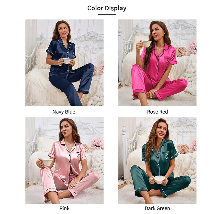Conjunto de pijama para mujer, ropa para el hogar, camisa de manga corta de satén con pantalones, ropa de dormir, conjunto de 2 piezas, pijama bordado en forma de corazón