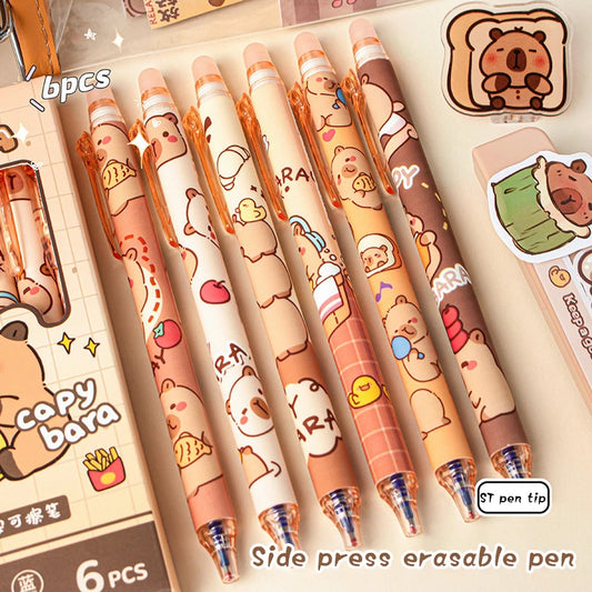 Lindos bolígrafos de gel Capybara: juego de bolígrafos borrables azules de secado rápido Kawaii de 6 piezas para oficina, escuela y papelería estética