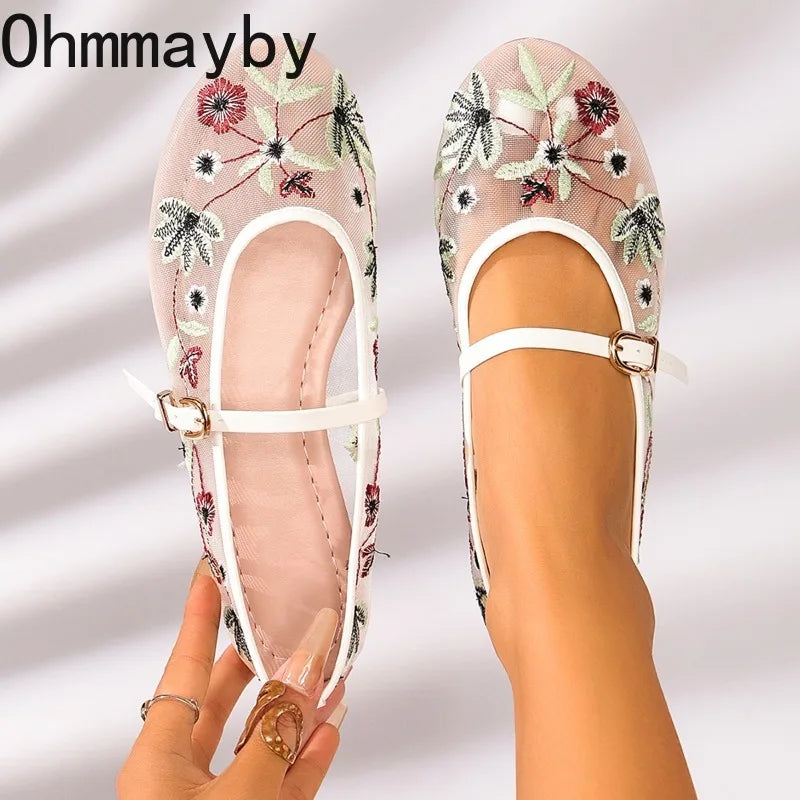 Zapatos Mary Jane de malla con bordado floral de primavera para mujer, zapatos con correa y hebilla concisa, zapatos de suela suave, zapatos planos de ballet transpirables para mujer