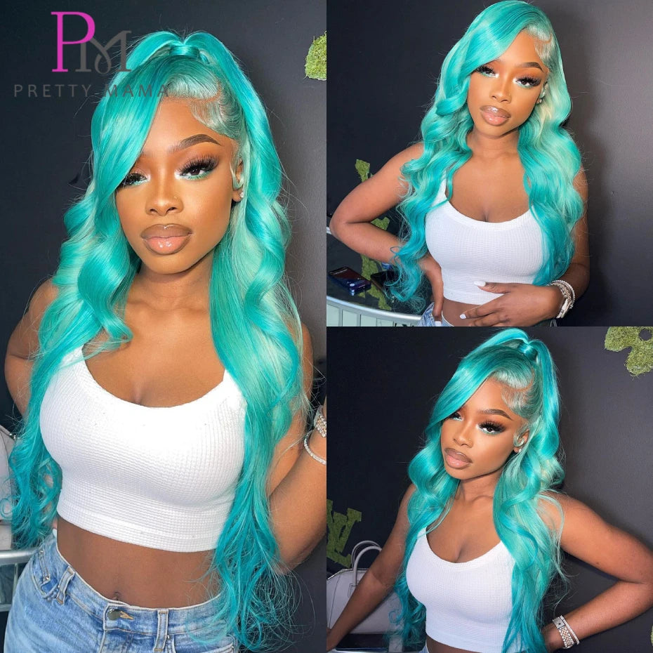 Peluca con malla Frontal azul cian 13x6, cuerpo ondulado, peluca con malla Frontal verde claro, cabello humano prearrancado Rubio 613, pelucas frontales de encaje para mujer