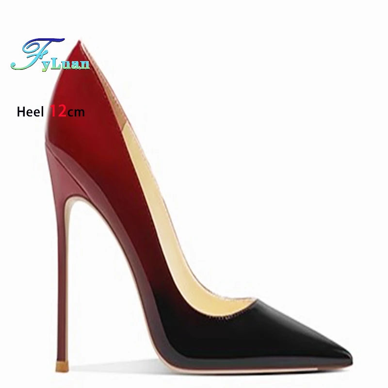 6CM 8CM 10CM 12CM temperamento zapatos individuales señoras negro rojo Color degradado verano puntiagudo charol tacones finos mujeres bombas