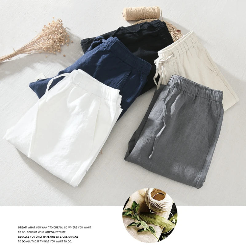 Pantalones informales de lino hasta el tobillo para hombre, ropa de calle fina con cordón Simple, de gran tamaño, BL8226, novedad de verano