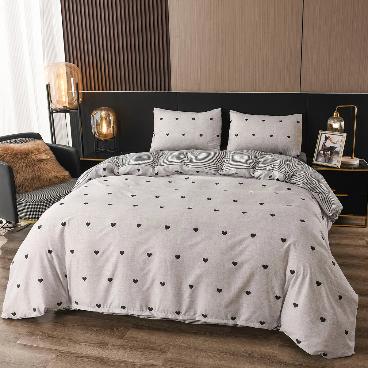 Funda de edredón Reversible, juego de cama de 3 piezas, funda de edredón geométrica en blanco y negro con 2 fundas de almohada, Queen y King
