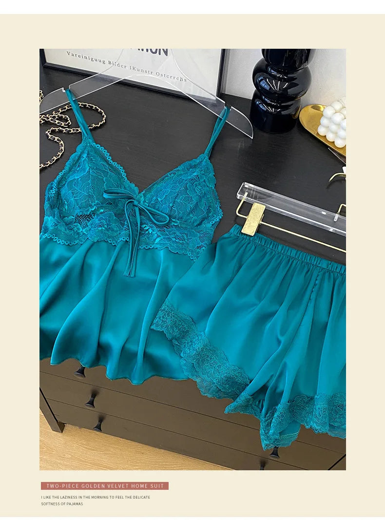 Conjunto de pijamas con tirantes para mujer, ropa de salón, lencería íntima de encaje calado Sexy, ropa de dormir, novedad de verano, Top y pantalones cortos con tirantes, ropa de casa