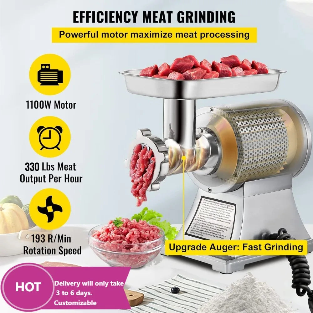 Picadora de Carne Eléctrica Comercial de 1100W, 550LB/H, Máquina Picadora Industrial de Alta Resistencia, Aprobada por ETL
