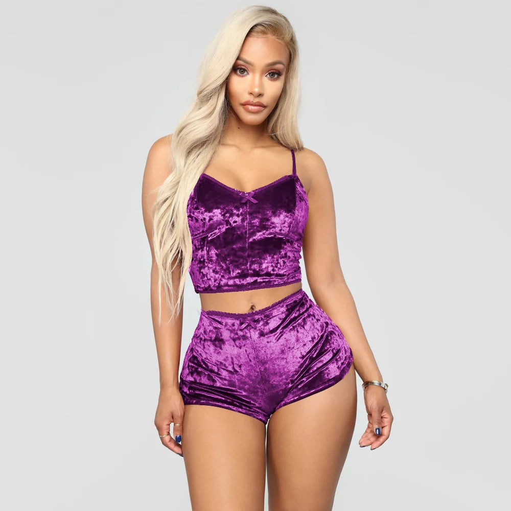 Conjunto de Pijamas para mujer, Pijamas sexis de terciopelo satinado de seda rosa y roja, ropa para dormir, bata, conjuntos de lencería Sexy, ropa de dormir
