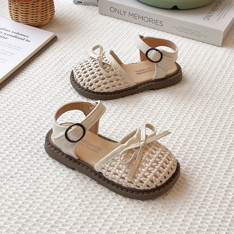 Sandalias Casuales de Verano para Niñas, con Lazo, Tejidas, Planas, Antideslizantes, con Diseño Calado, para la Playa, la Escuela y el Uso Diario
