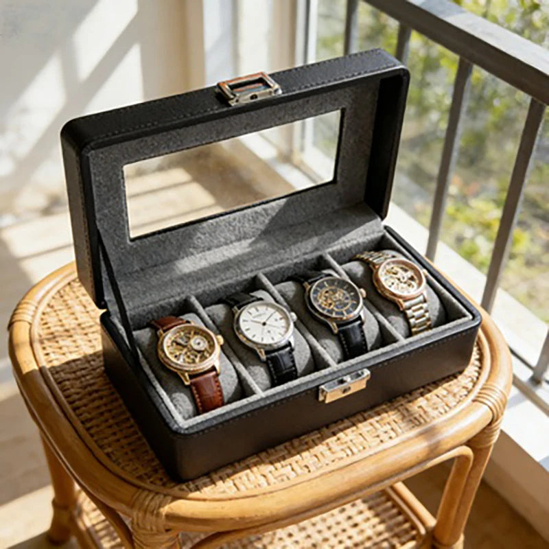 1 caja para relojes de 4 compartimentos, a prueba de polvo con ventana transparente, caja de exhibición y almacenamiento de relojes para hombres y mujeres