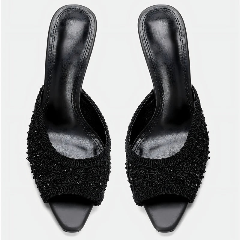Aligaia 2026 Elegantes Sandalias de Tacón Alto para Mujer, con Cuentas, Punta Abierta, Casuales, de Diseñador, para Verano