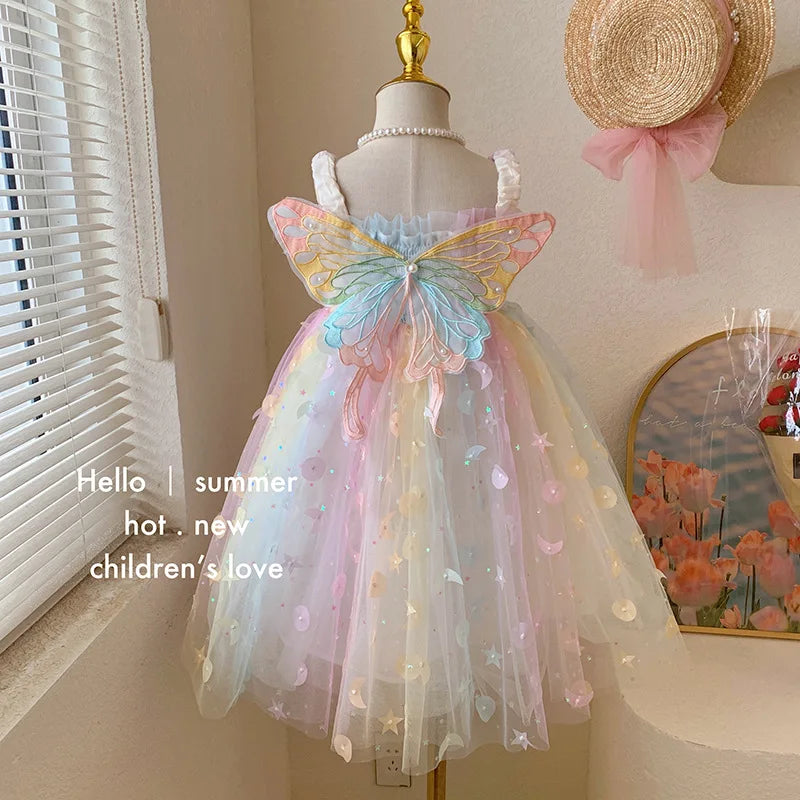 Camiseta sin mangas para niña, vestido de princesa para bebé, elfo de ensueño, mariposa arcoíris, novedad de verano