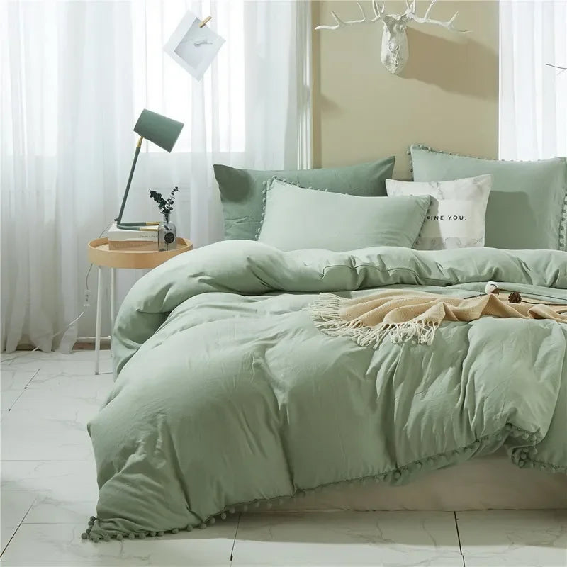 Funda de edredón suave y lavada, Juego de 3 piezas, funda de almohada, juego de ropa de cama para Twin, Full, Queen, King Size, decoración de pompones