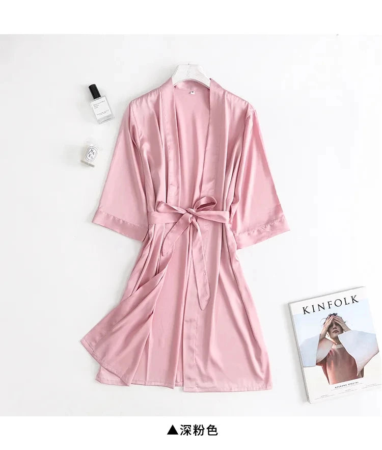 Bata de Novia Blanca para Mujer, Kimono de Satén de Seda, Ropa de Dormir Holgada con Manga 3/4, Lencería