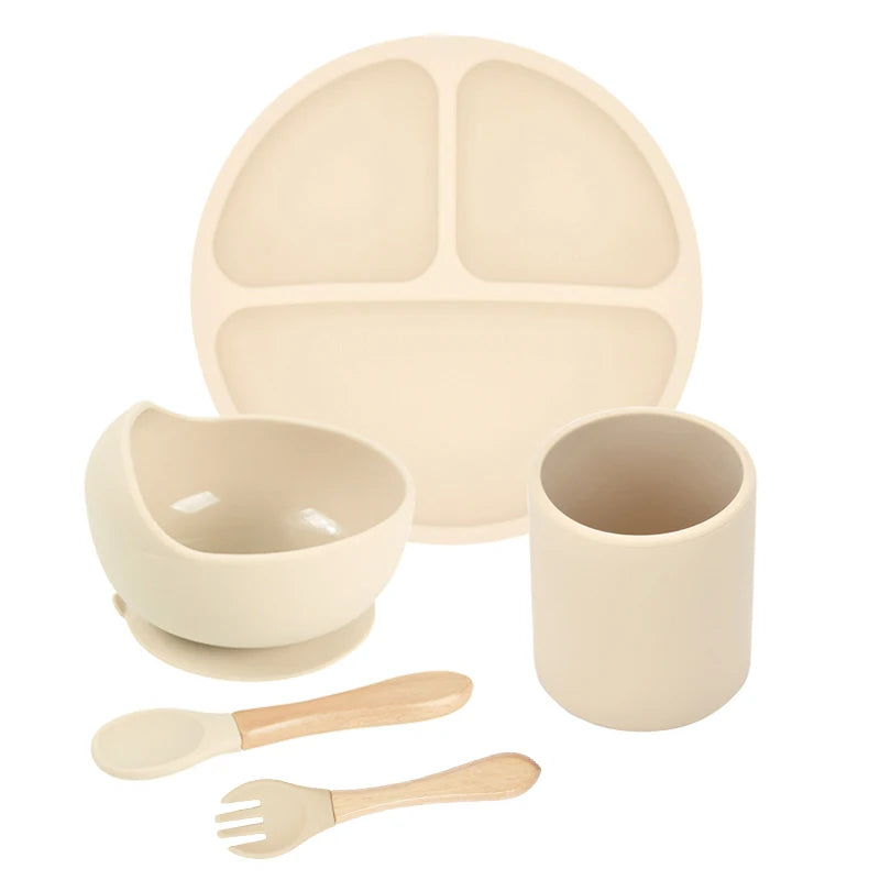 Juego de alimentación de silicona para bebé, cuenco de silicona, plato de comedor, cuchara, tenedor, platos para niños, vajilla de silicona sin BPA, 3/4/5 Uds.