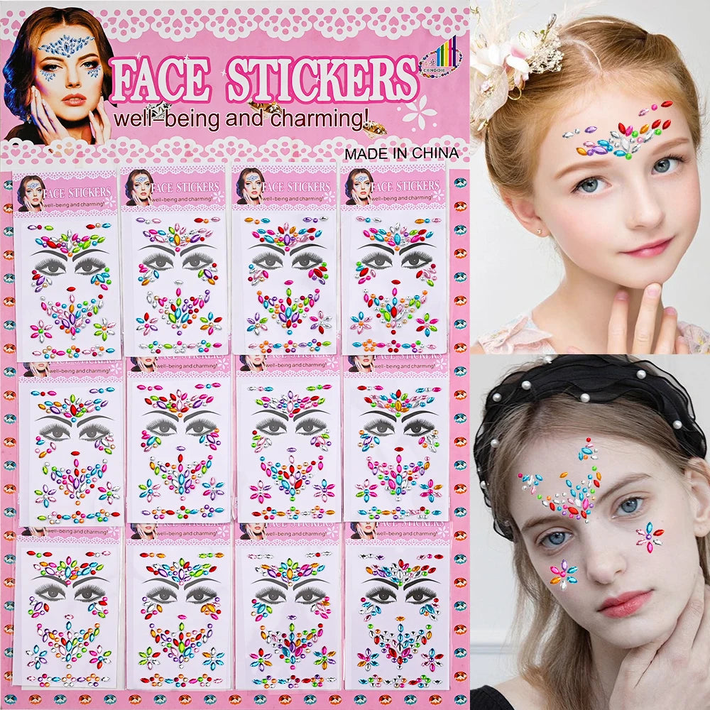 1 hoja 900 Uds. Pegatinas de gemas brillantes de cara de arcoíris, tatuaje Facial adhesivo, joyas de diamantes de imitación para ojos, mezcla de 3/4/5mm, maquillaje para fiesta de boda