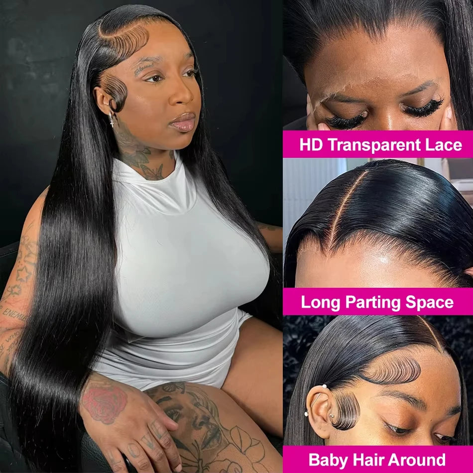 Pelucas de cabello humano liso de 250 densidades, 13x6, 32 y 30 pulgadas, peluca frontal de encaje transparente HD, cabello humano brasileño real para mujeres
