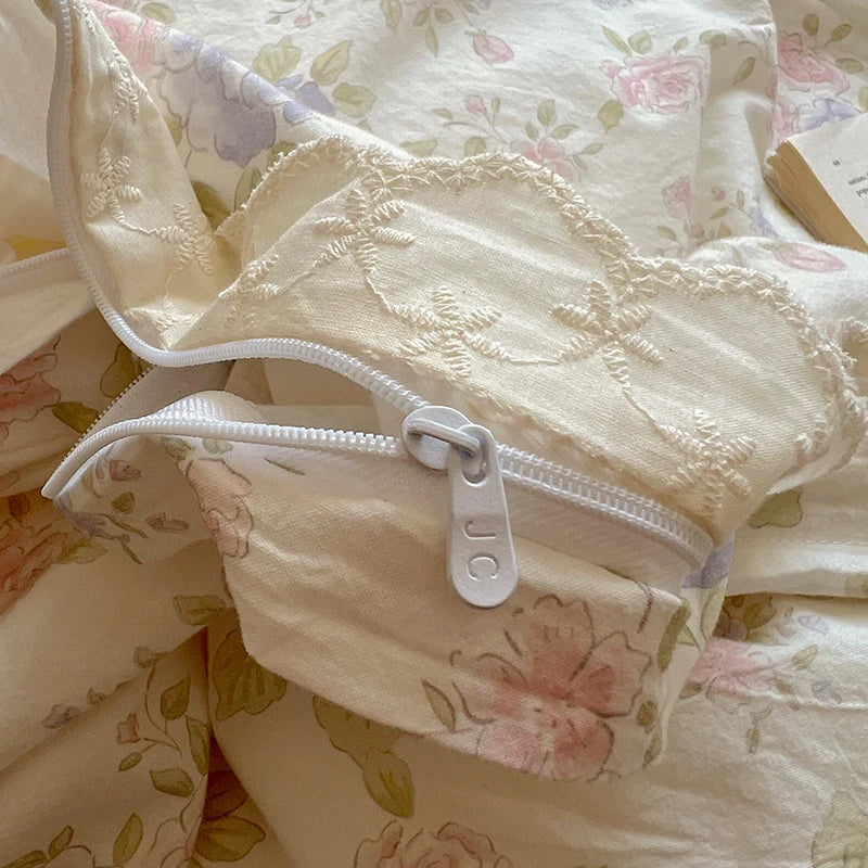 Juegos de funda nórdica de algodón lavado, juego de cama con estampado de flores individual/Queen/king, estilo princesa, funda de couette de 220x240 con encaje