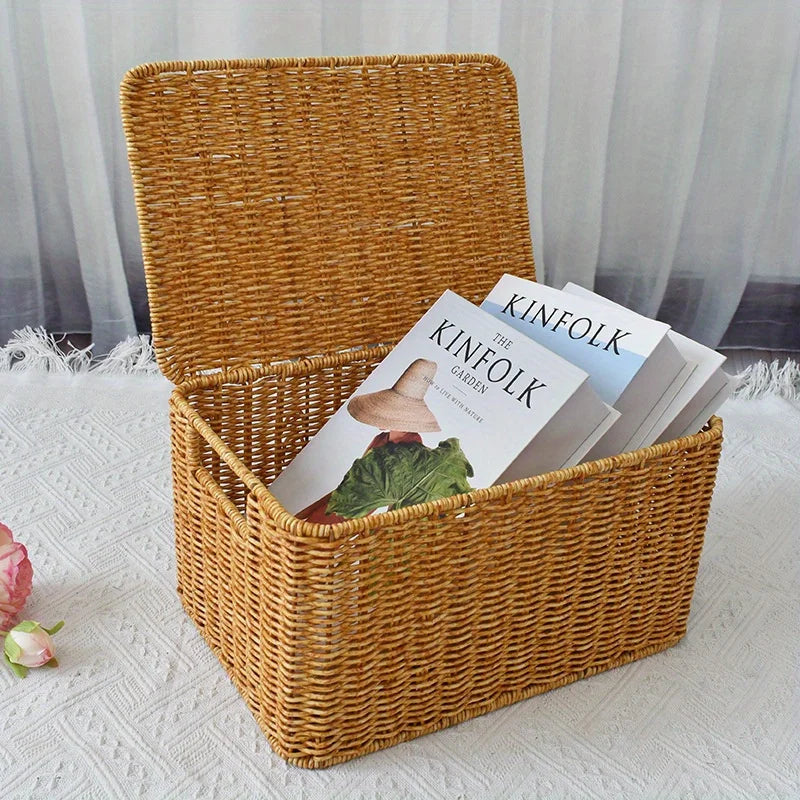 Cesta de almacenamiento tejida rural con tapa, organizador de guardarropa elegante y duradero, adecuado para baño, dormitorio, cocina y hogar