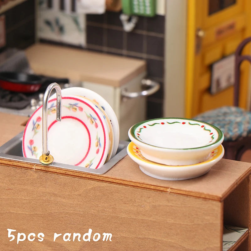 Mini platos para casa de muñecas, modelo de casa de muñecas, decoración de cocina de simulación, accesorios para casa de muñecas, juguetes para juego de imitación, 5 uds., 1/12
