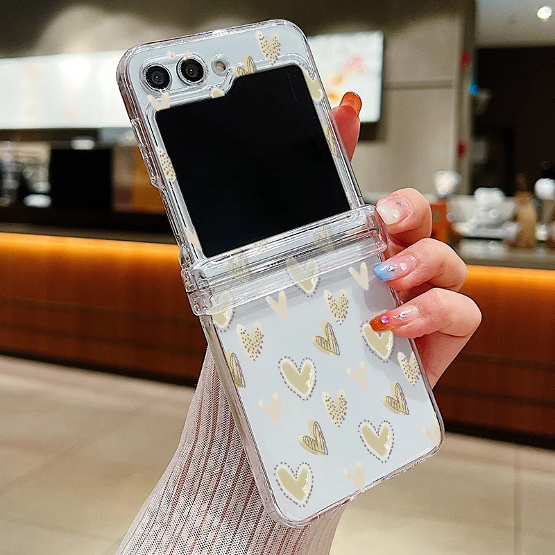 Funda de teléfono transparente con diseño de flor de amor para Samsung Galaxy Z Flip7 FE Flip 7 6 5 4 3 5G Flip5 Flip6, funda dura para PC a prueba de golpes