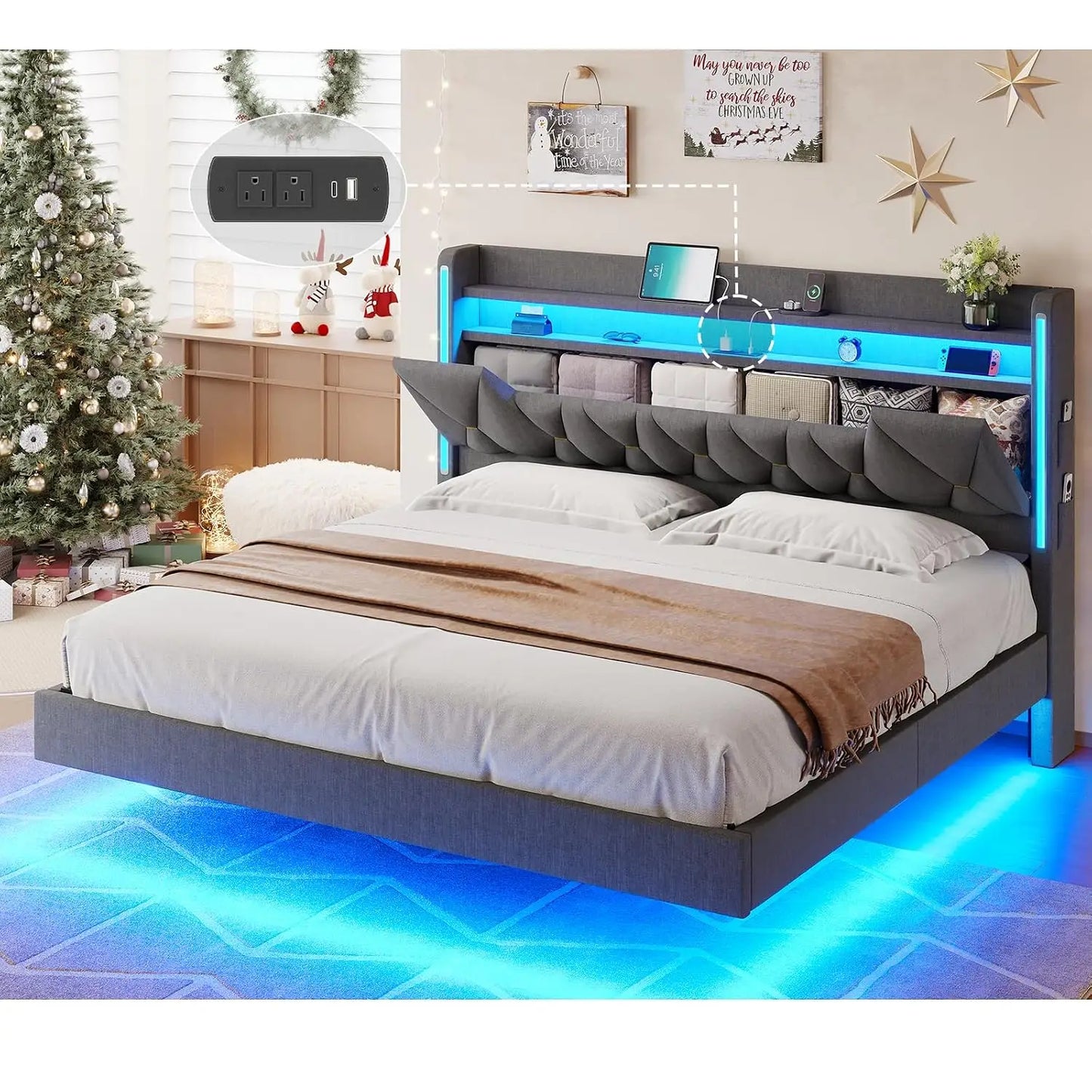 Base de Cama Flotante King con Cabecero con Almacenamiento, Base de Cama King Size, Gris |   Base de Cama Tapizada Tamaño King, Personalizable