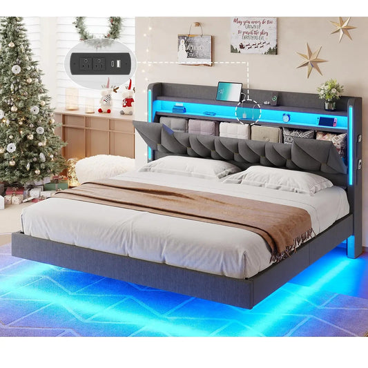 Base de Cama Flotante King con Cabecero con Almacenamiento, Base de Cama King Size, Gris |   Base de Cama Tapizada Tamaño King, Personalizable