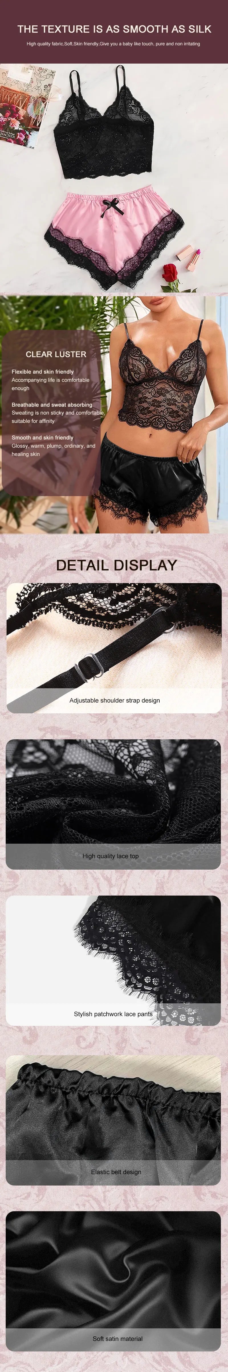 Conjunto de pijama de encaje sexy de 2 piezas para mujer Bralette transparente Cami Top y pantalones cortos Ropa de dormir transpirable Lencería de verano de talla grande
