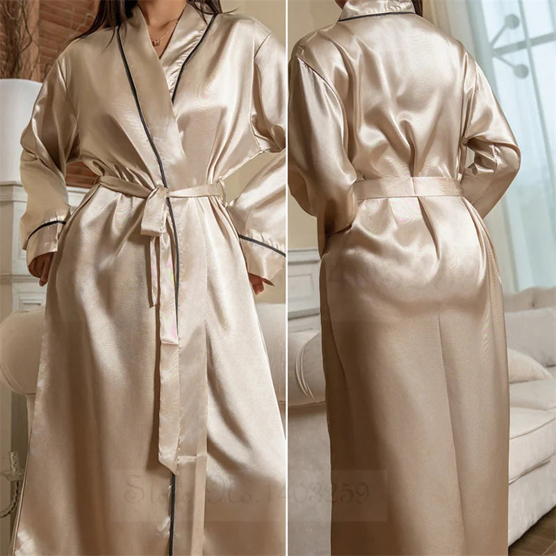 Bata larga Kimono de satén para mujer, bata de baño suelta, ropa de salón para el hogar, ropa de dormir Sexy, lencería íntima, primavera y otoño