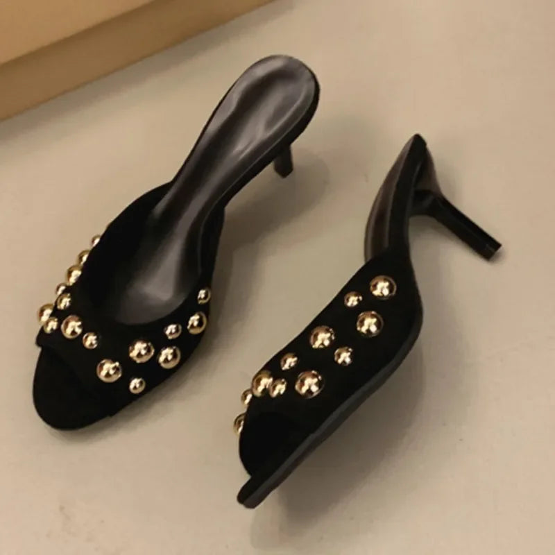 Novedad tacones finos Peep Toes Sandalias De Mujer cristal dedos cuadrados Slip On Mujer zapatillas sólido charol Zapatos Mujer 42