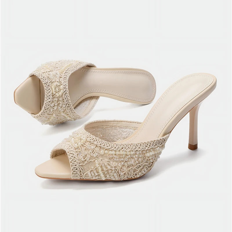 Aligaia 2026 Elegantes Sandalias de Tacón Alto para Mujer, con Cuentas, Punta Abierta, Casuales, de Diseñador, para Verano