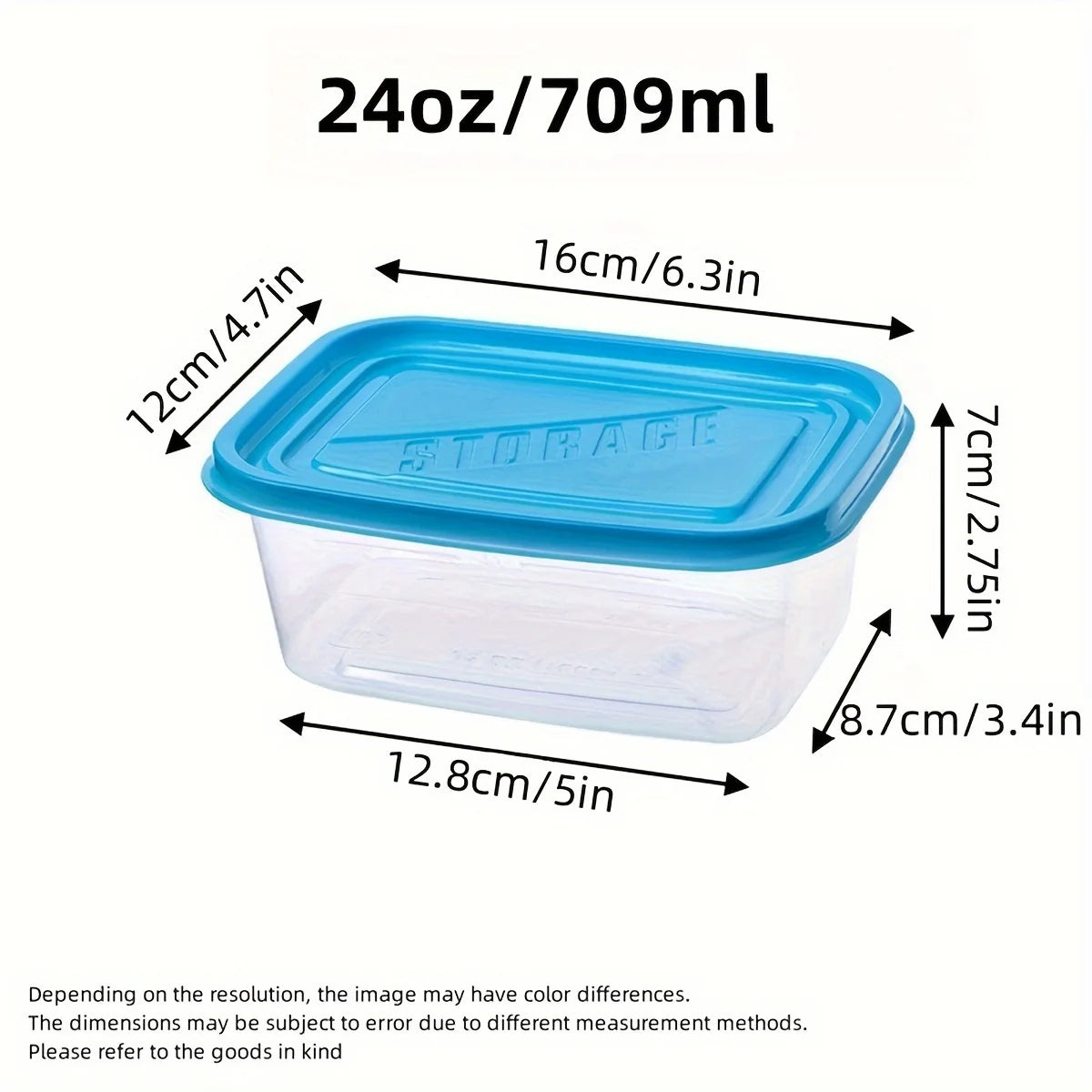 Juego de 6 Recipientes Transparentes Apilables de Plástico para Almacenamiento de Alimentos con Tapas Azules y Marcas de Medición—Reutilizables, Aptos para Lavavajillas