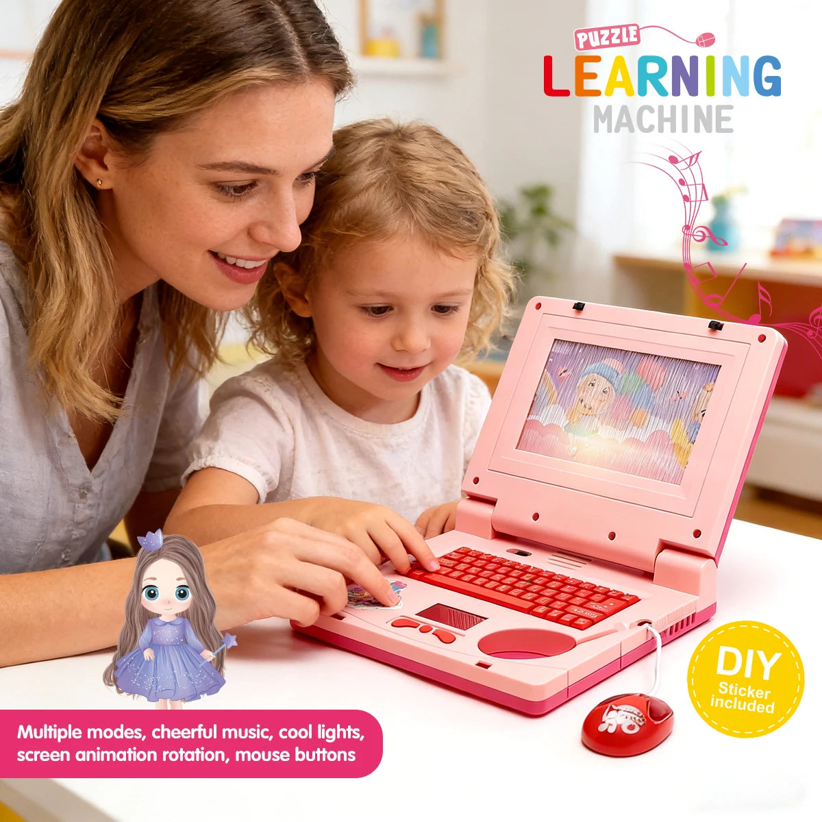 Juguete de Computadora Portátil Rosa para Niños – Computadora Educativa Interactiva con Música, Luces y Ratón para el Desarrollo Temprano
