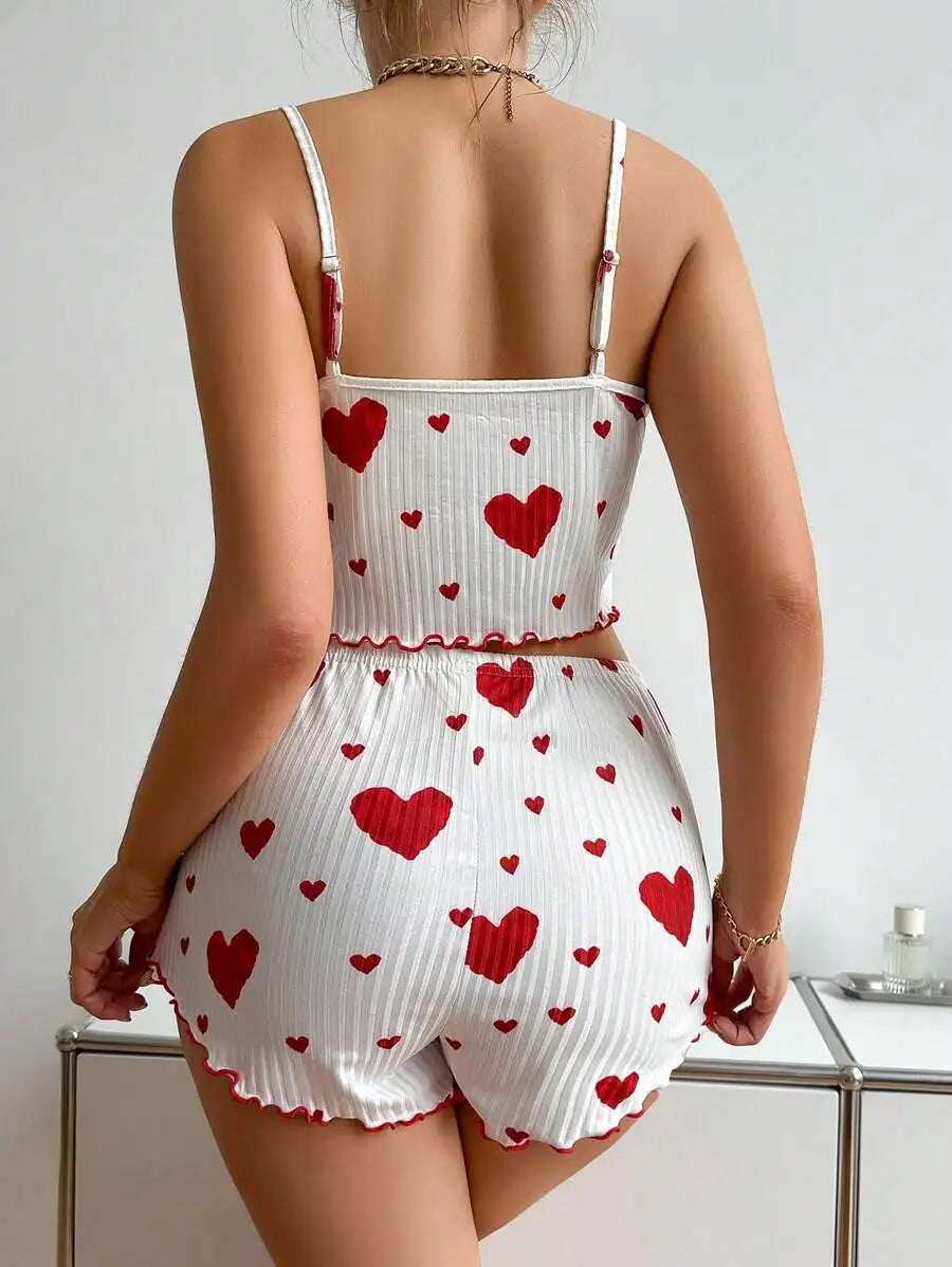 Conjunto de Pijama de Verano para Mujer, Transpirable, Suave, Informal, con Estampado de Amor, Pantalones Cortos con Tirantes, Lencería Sexy