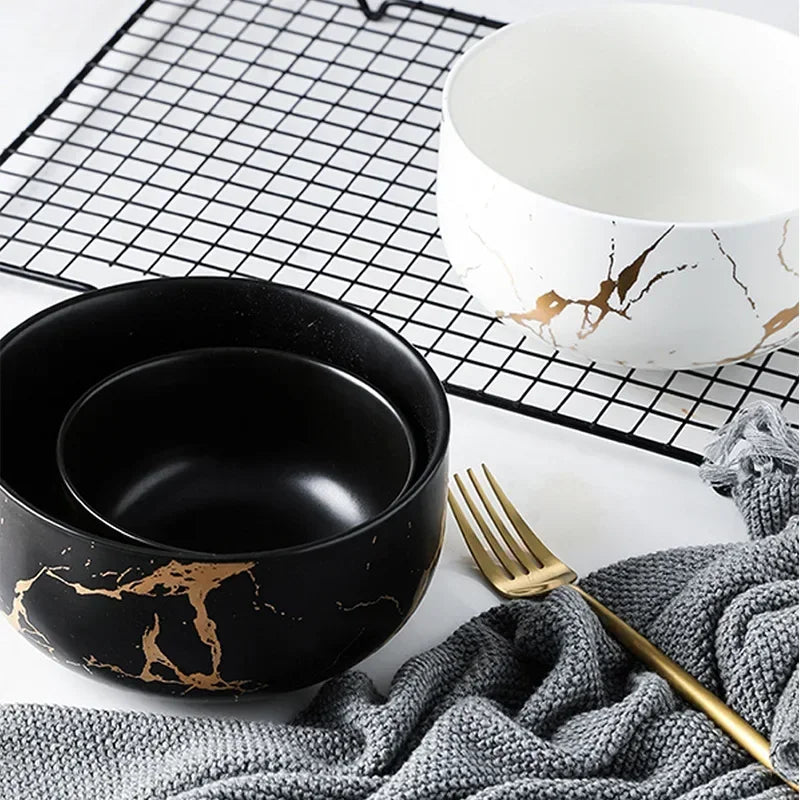 Cuenco de cerámica de mármol de estilo nórdico, juego de vajilla para el hogar, desayuno de porcelana, cena de arroz, sopa de fideos, cuencos redondos
