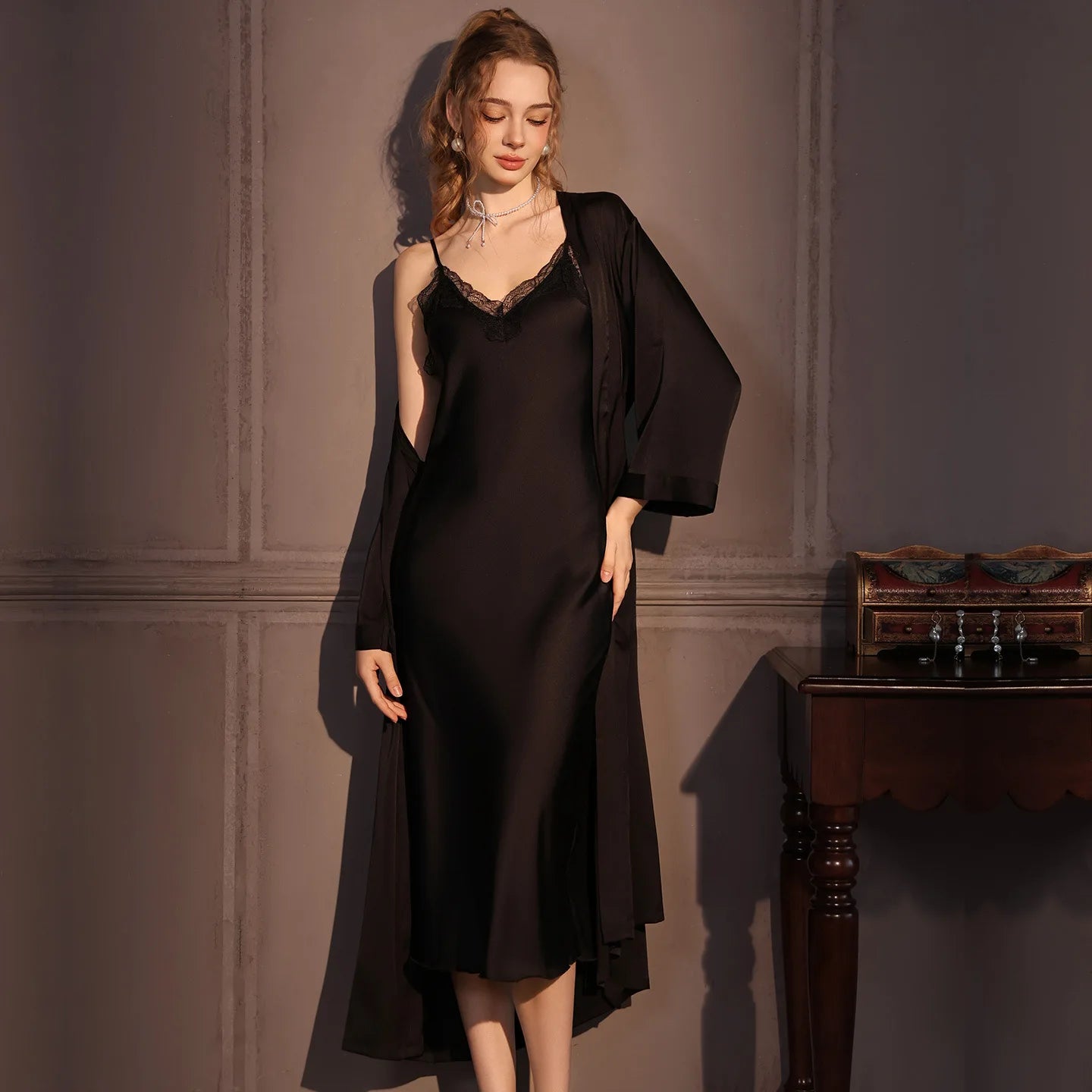 Conjunto de bata Twinset elegante para mujer, bata de baño tipo kimono largo, camisón de encaje Sexy, lencería, ropa de dormir nueva para primavera y otoño, vestido para casa