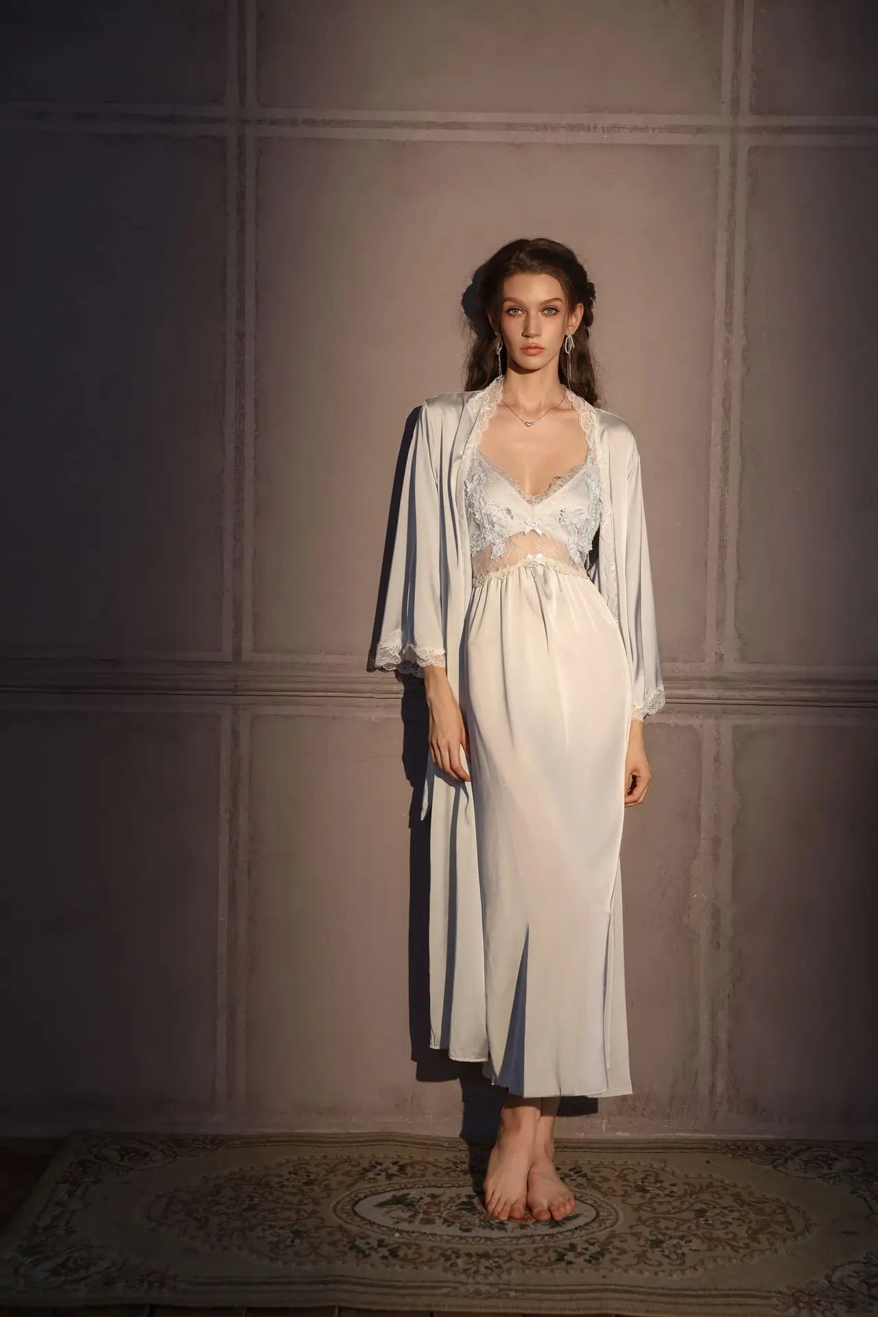 Conjunto de bata larga elegante para mujer, camisón de lencería Sexy, camisón con espalda descubierta, ropa de dormir para el hogar, ropa de dormir de satén de seda
