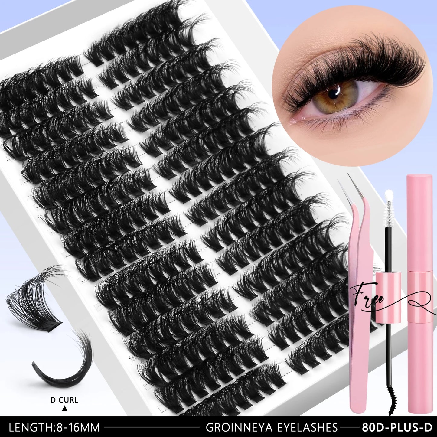 GROINNEYA Clusters de pestañas 540 Uds Kit de extensiones de pestañas de gato Kit de pestañas en racimo con Kit de maquillaje de pestañas Bond & Seal