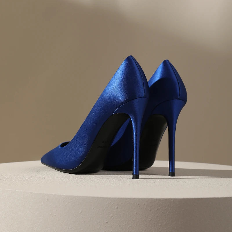 Zapatos de tacón de seda estilo socialité, tacones delgados para mujer, sexy con punta abierta, azules para vestido formal, zapatos individuales de temperamento francés