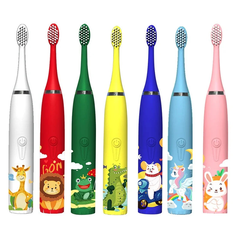 Cepillo de dientes eléctrico para niños, venta al por mayor, pelo suave de dibujos animados, IP7, resistente al agua, vibración ultrasónica, regalos