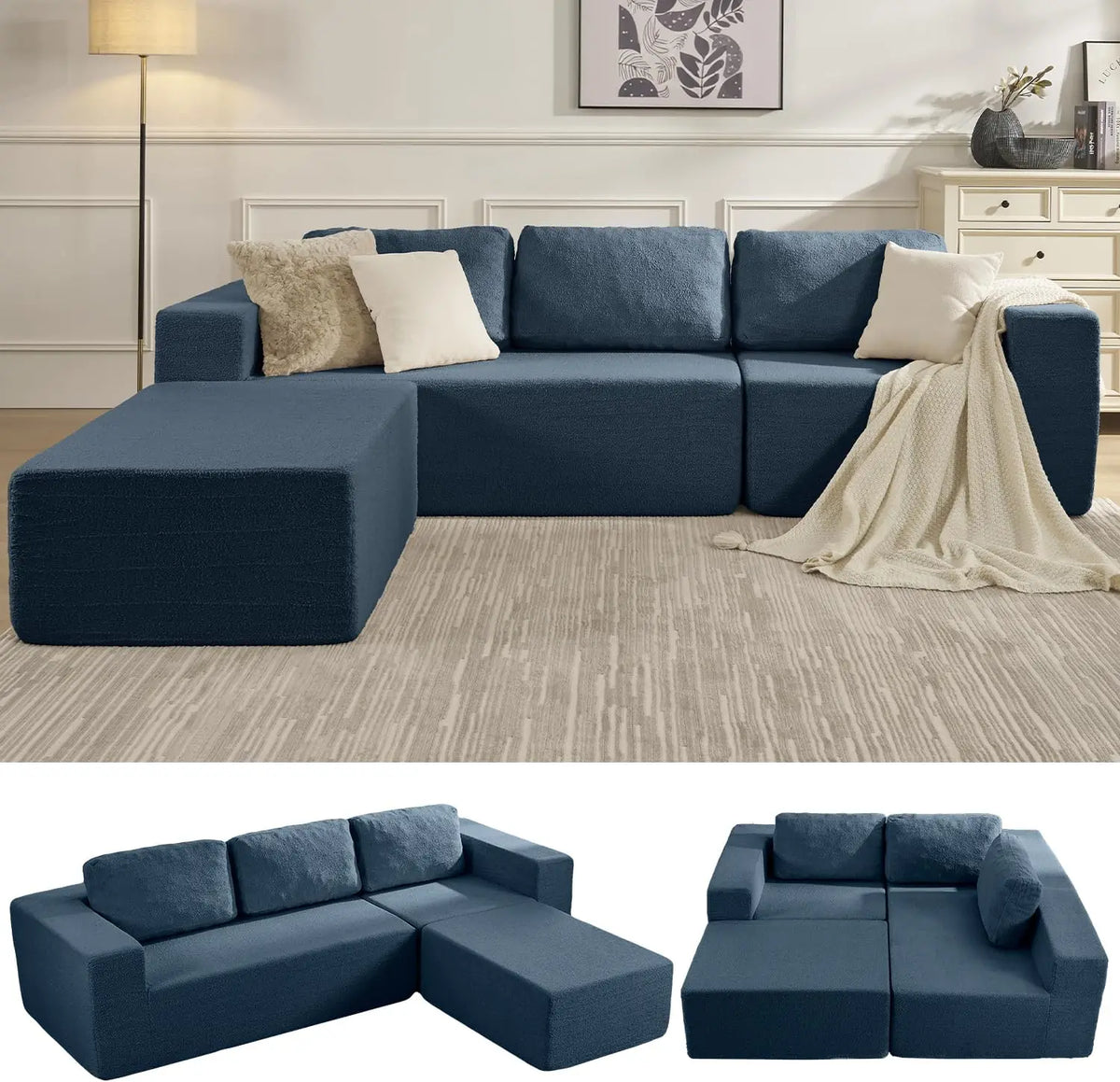 Sofá seccional reversible Cloud de 106" - Asiento profundo, modular en forma de L, tapizado en espuma, sin montaje, salón/dormitorio