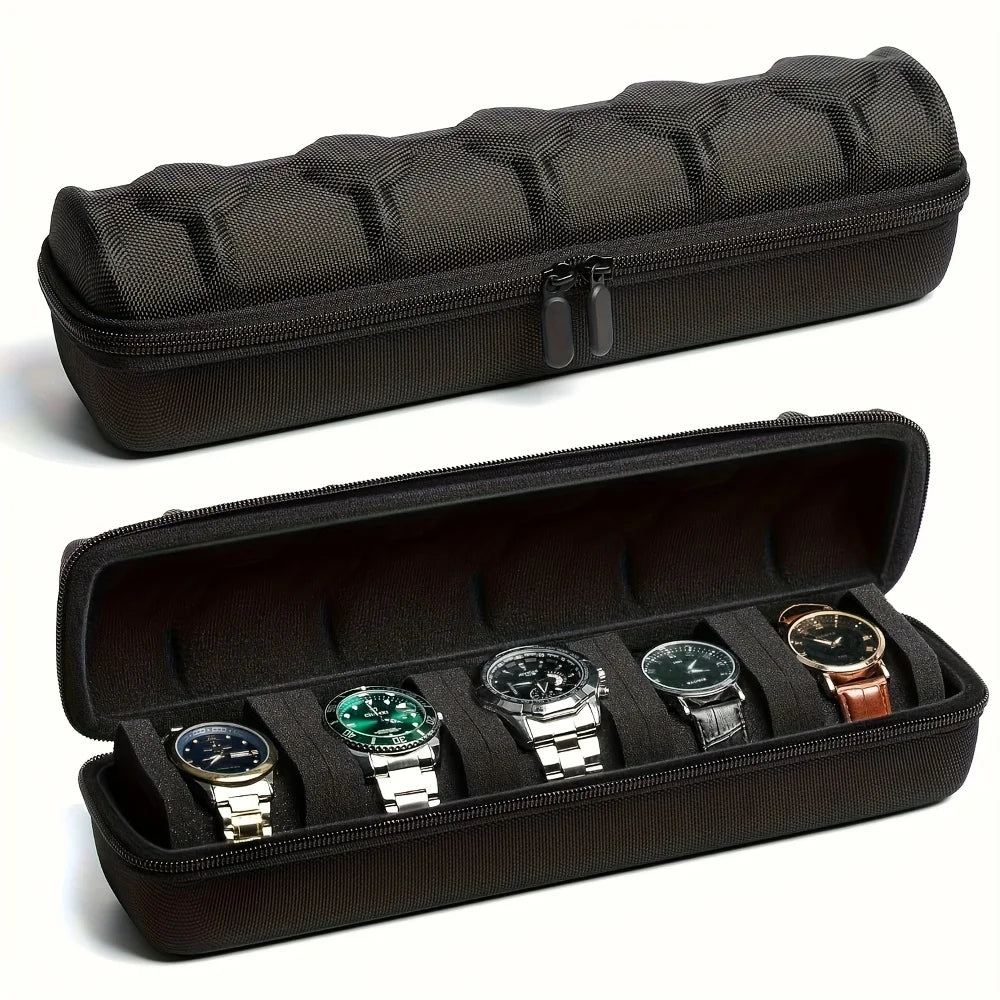 Organizador de relojes resistente con tapa abatible, caja de almacenamiento de relojes con 5 ranuras, Interior resistente a los arañazos, caja de reloj portátil, 1 ud.