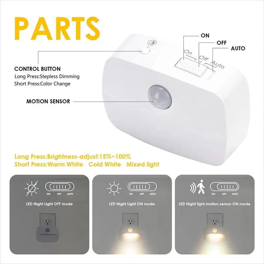 Luz LED nocturna con enchufe UE EE. UU., luz con Sensor de movimiento inteligente, lámpara de pared de 220V para el hogar, pasillo, escalera, cocina, dormitorio, lámpara de noche