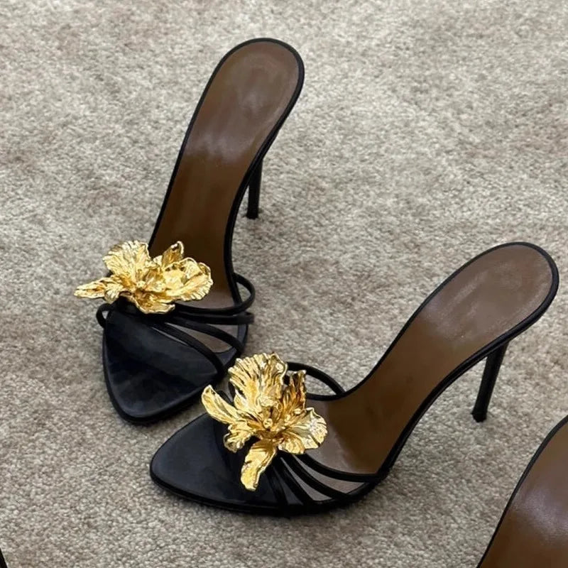 Sandalias de tacón alto para mujer, zapatillas antideslizantes con cabeza puntiaguda, boca poco profunda, conjunto de flores de cristal
