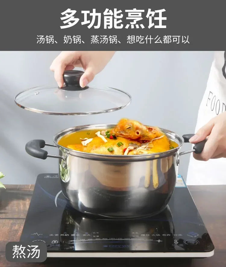 Olla de cocina multifuncional, olla de sopa de acero inoxidable, mango antiescaldado engrosado, olla para cocinar al vapor, tapa de vidrio templado