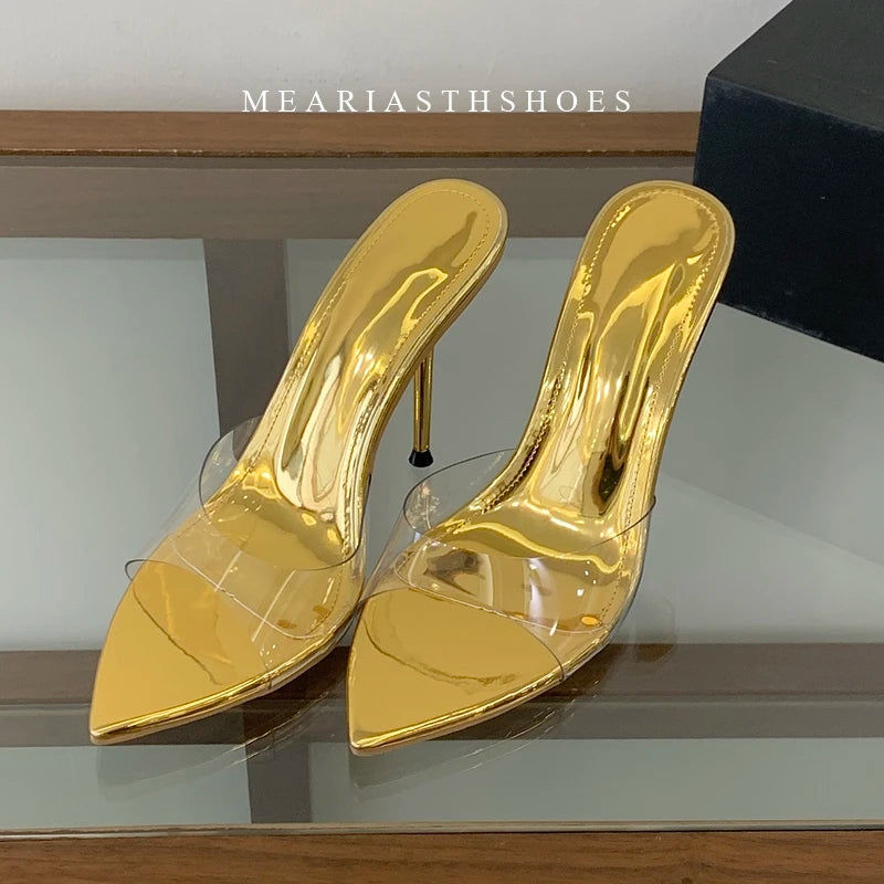 Zapatillas de tacón alto transparentes, sandalias altas sin cordones con punta abierta y tacón fino a la moda, estilo descalzo a la moda