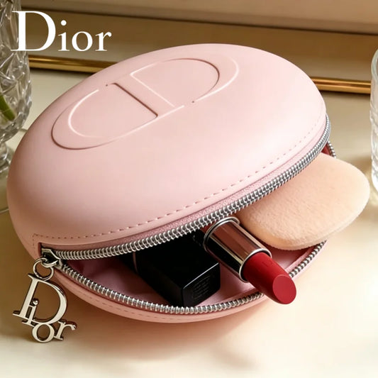 Bolso Christian Dior, bolso de maquillaje de silicona redondo rosa de lujo para mujer, organizador de cosméticos portátil para viaje, pequeño organizador de cosméticos de silicona suave