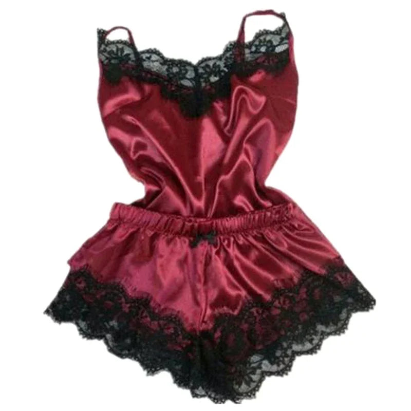 Conjunto de pijama de satén de encaje para mujer, ropa de dormir con cuello en V, lencería Sexy elástica, chaleco con tirantes, Top, pijama, pantalones cortos para dormir, conjunto de ropa de dormir
