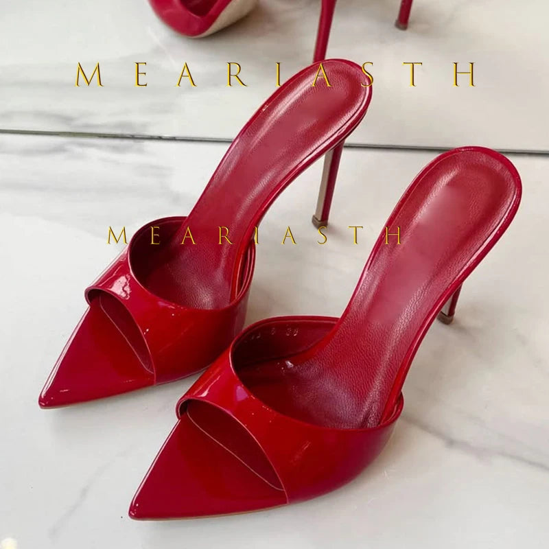Mulas de cuero de Color caramelo para mujer, zapatos de tacón alto fino con punta abierta y punta abierta, zapatillas modernas sexis para fiesta para primavera y verano