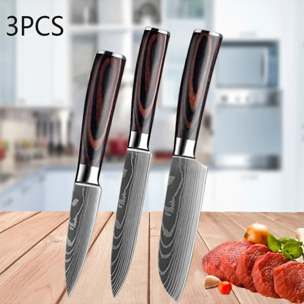 Juego de cuchillos de cocina con láser Damasco Santoku, cuchillo de utilidad, cuchillo de Chef profesional, cuchillo de carnicero, accesorios de cocina, 3 uds.