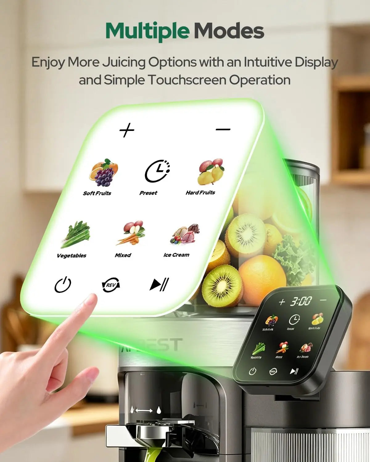 Exprimidor de prensado en frío mejorado 2026 – Boca extra ancha de 6.5 pulgadas, Tolva de alimentación automática de 100 oz, Exprimidor lento inteligente 3 en 1 con pantalla táctil para sorbetes y leche de frutos secos,